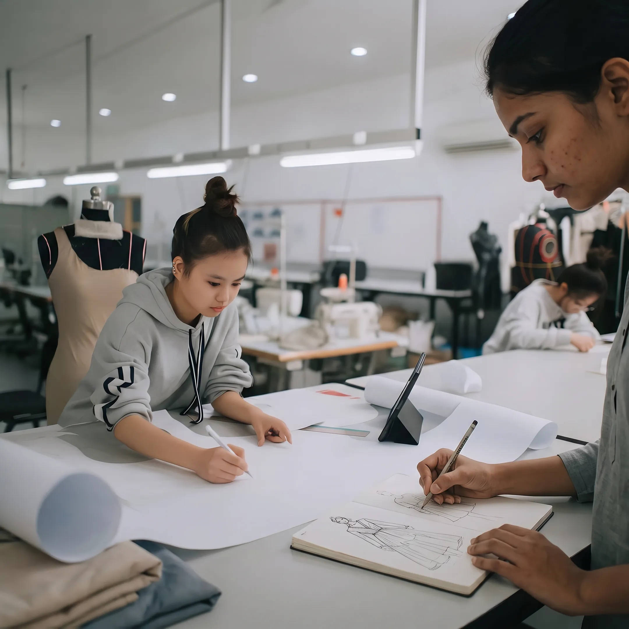 Fashion student drawing a garment illustration beside textile and pattern samples