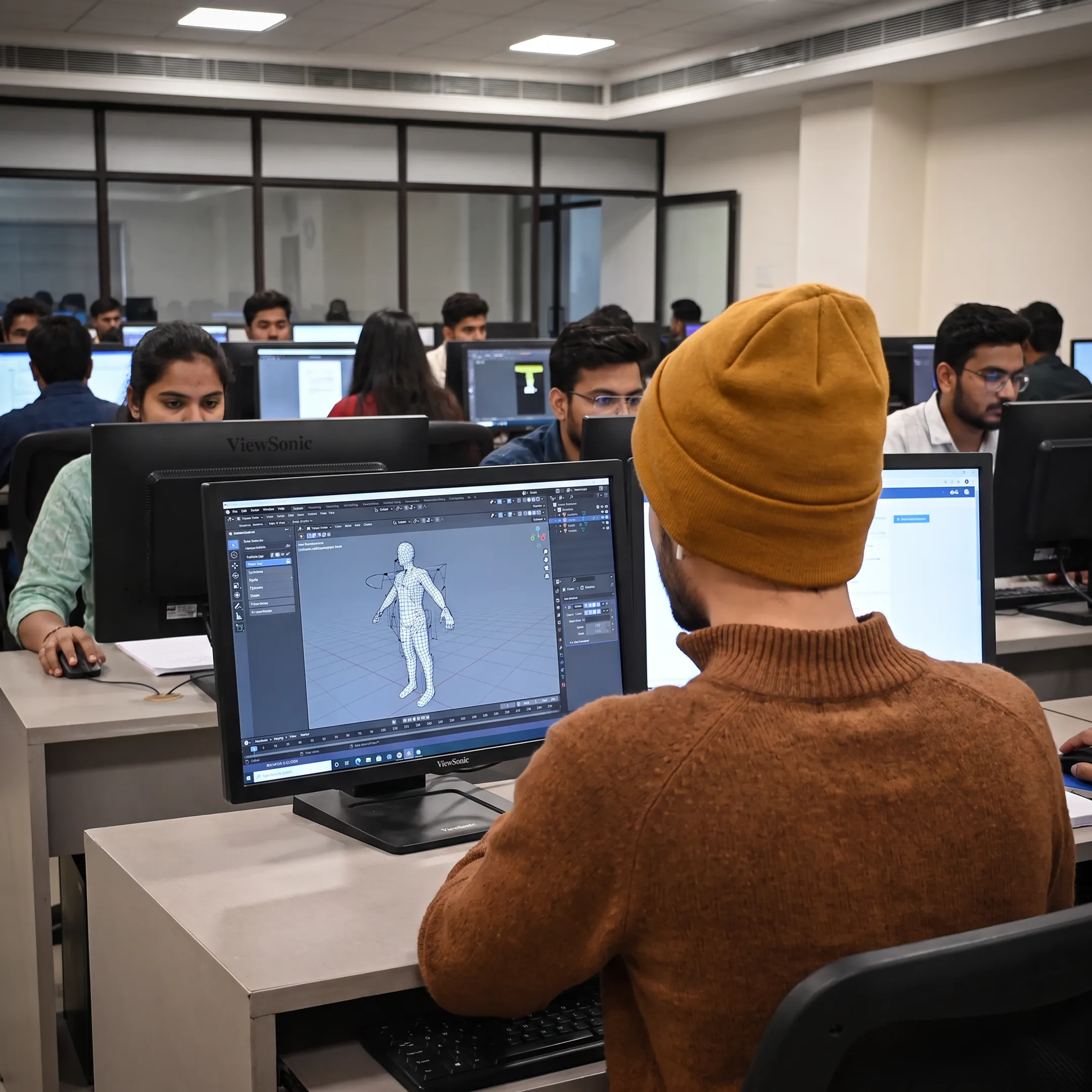 Students developing a 3D game in a computer lab