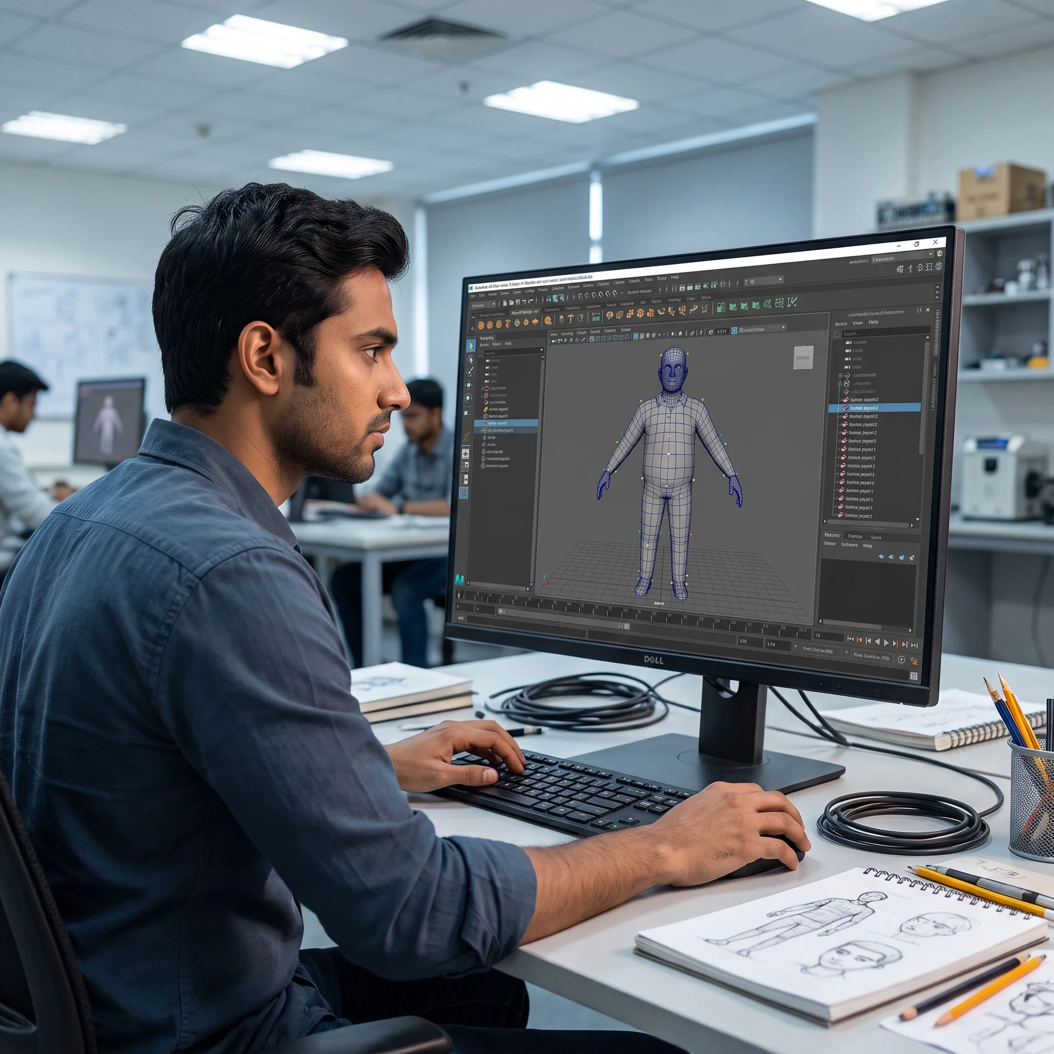 Student creating a 3D animation project on a computer