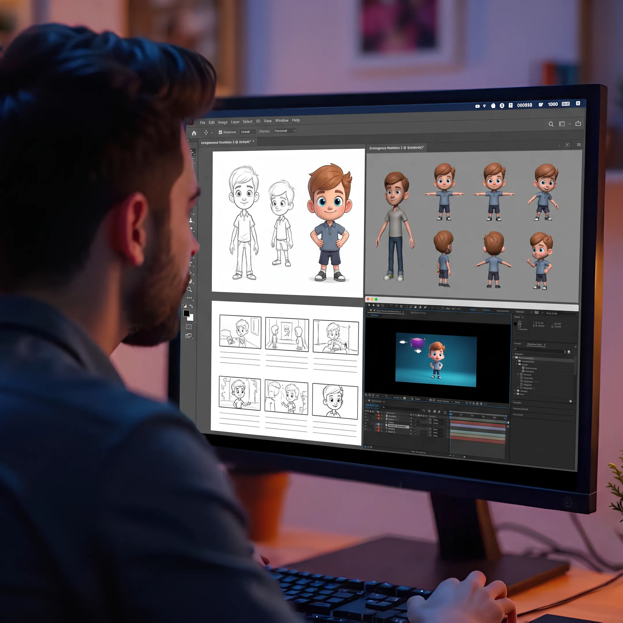 Animation students working on digital characters and visual effects in a studio