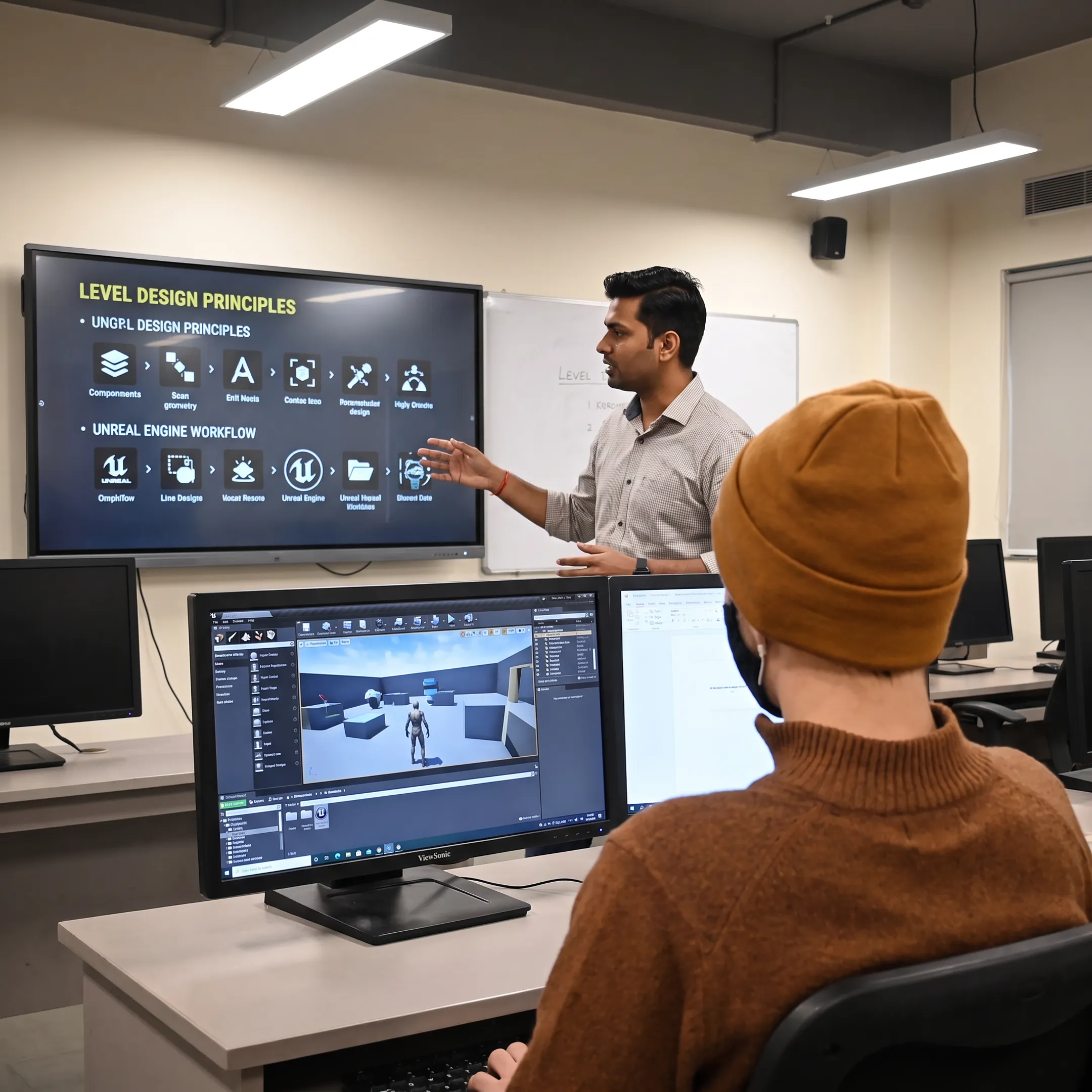 Instructor teaching Unreal Engine game development during an online class