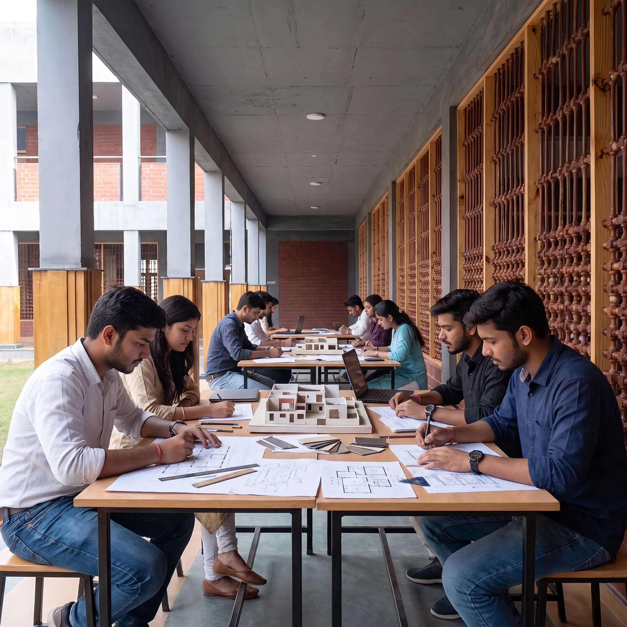Interior design students developing studio projects on campus