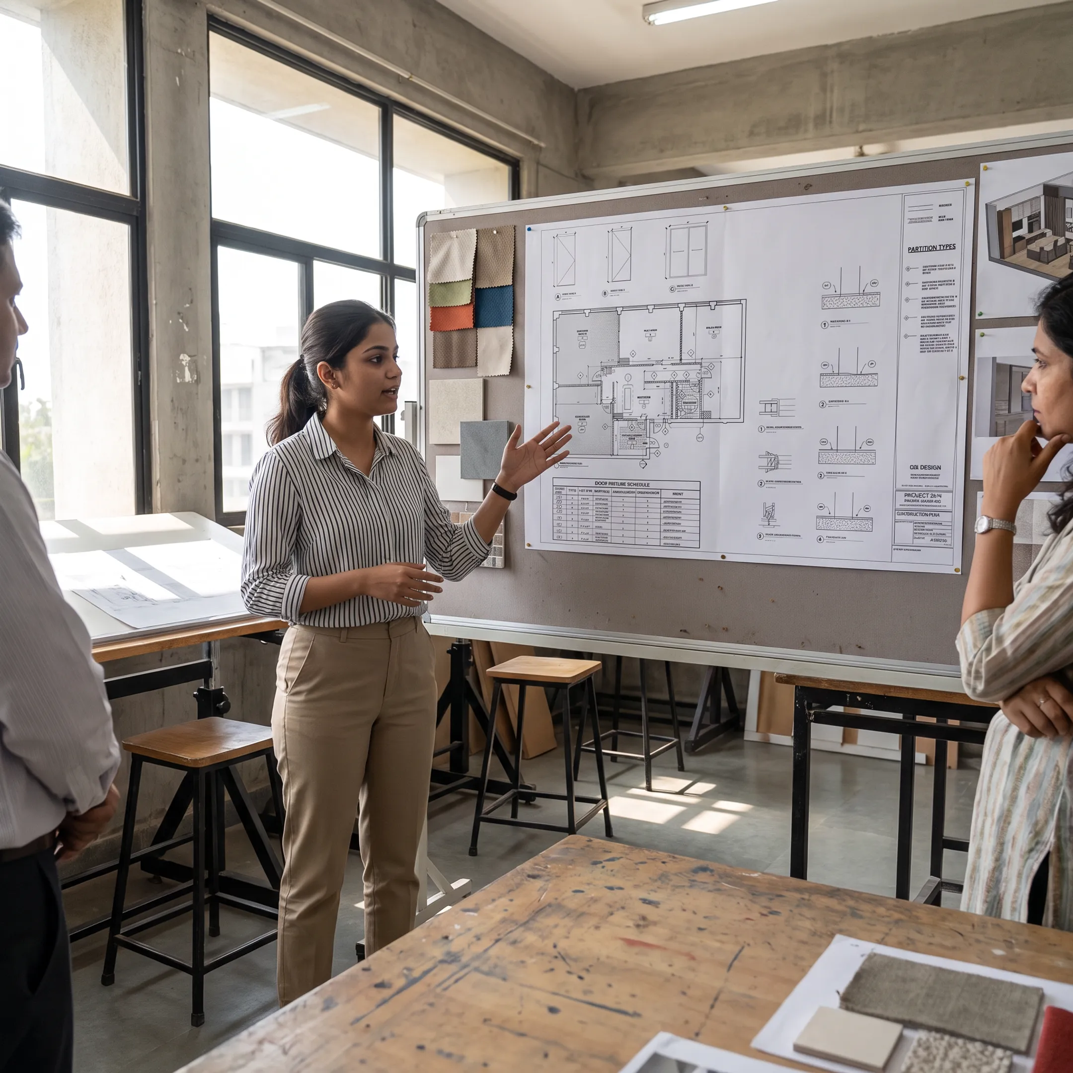 Interior design student presenting a detailed studio model