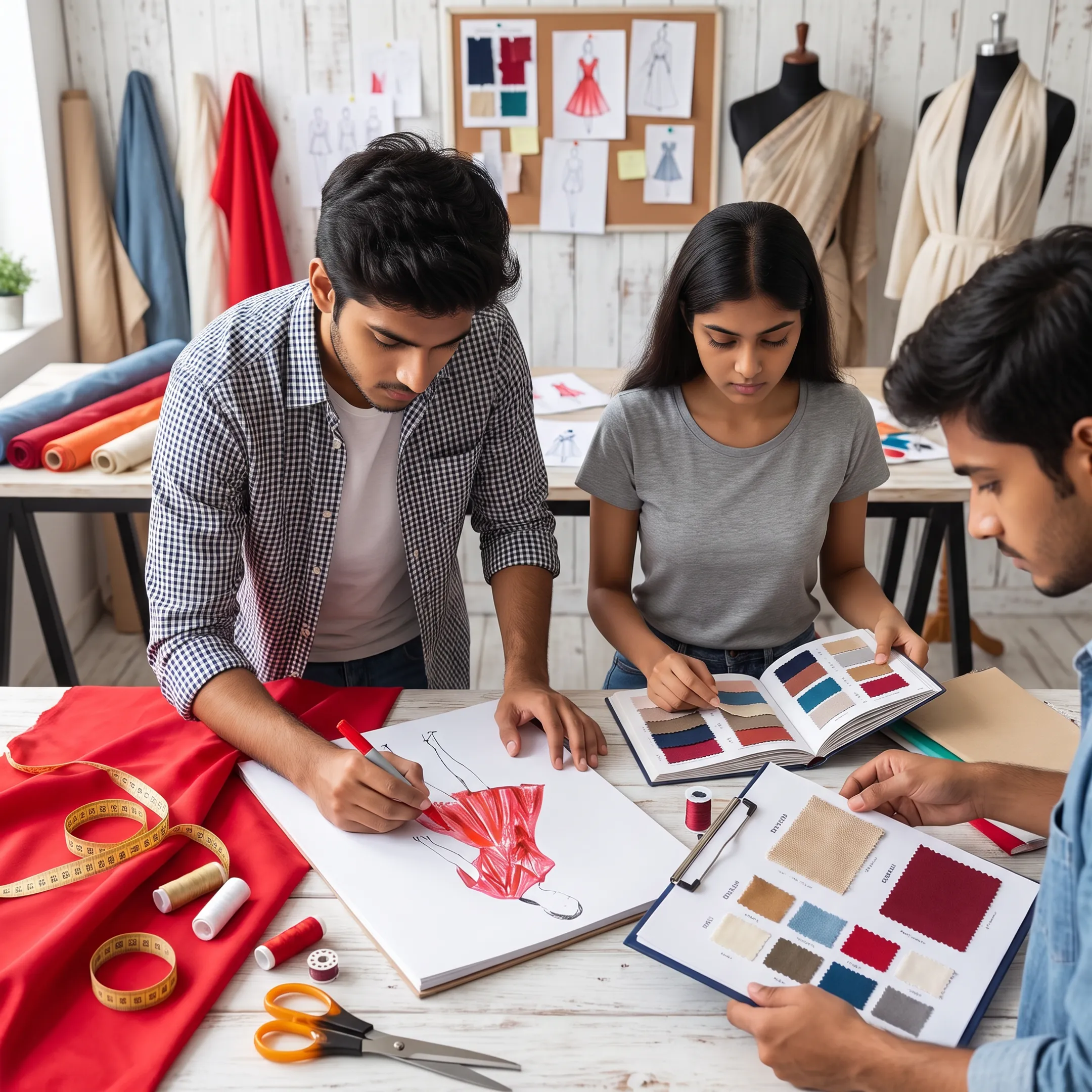 Fashion design students sketching garments and working with textiles in a design studio