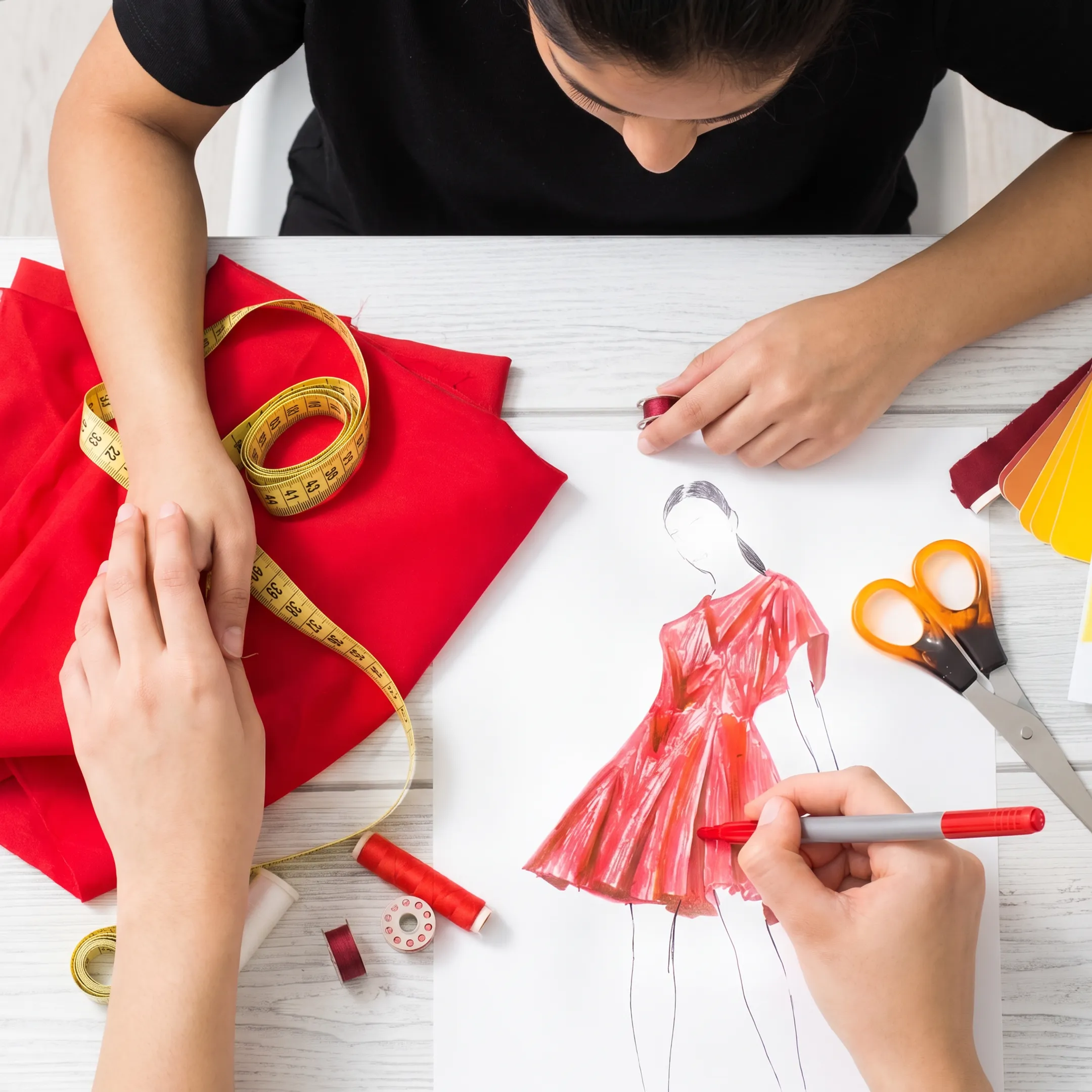 Fashion student creating a garment design with fabric samples and sketches