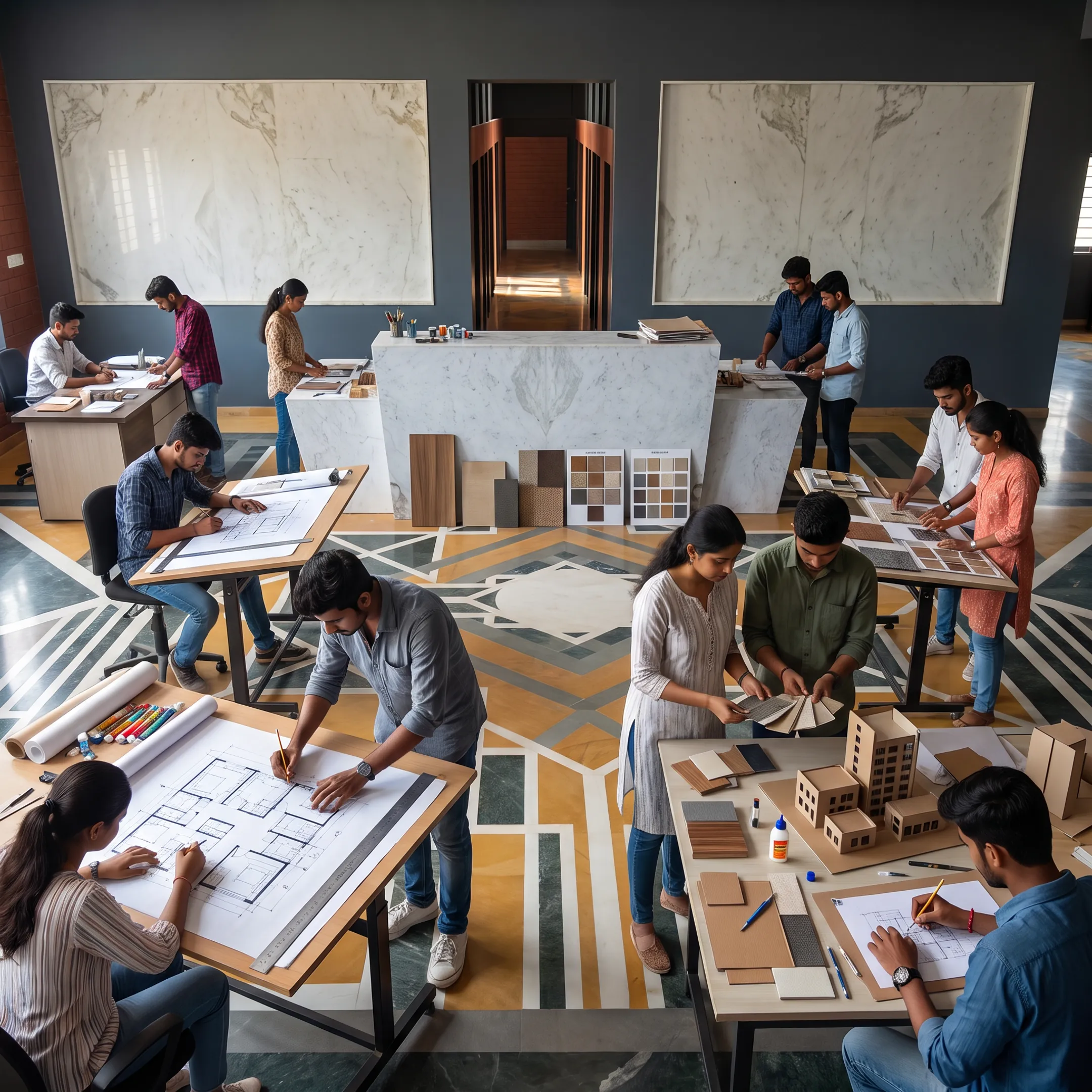 Interior design students developing drawings and 3D models in a college studio