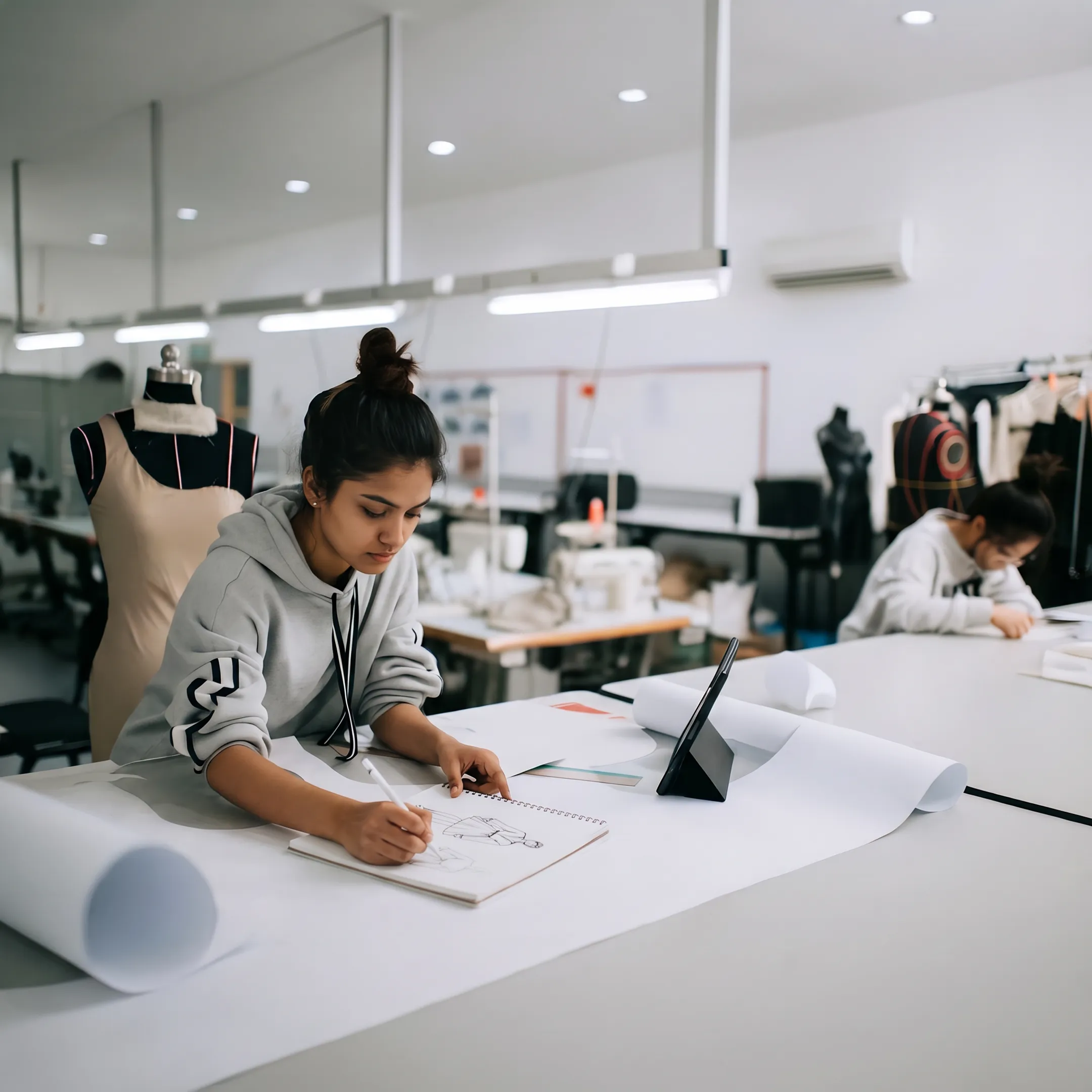 Fashion student creating an illustrated garment design beside pattern-making tools