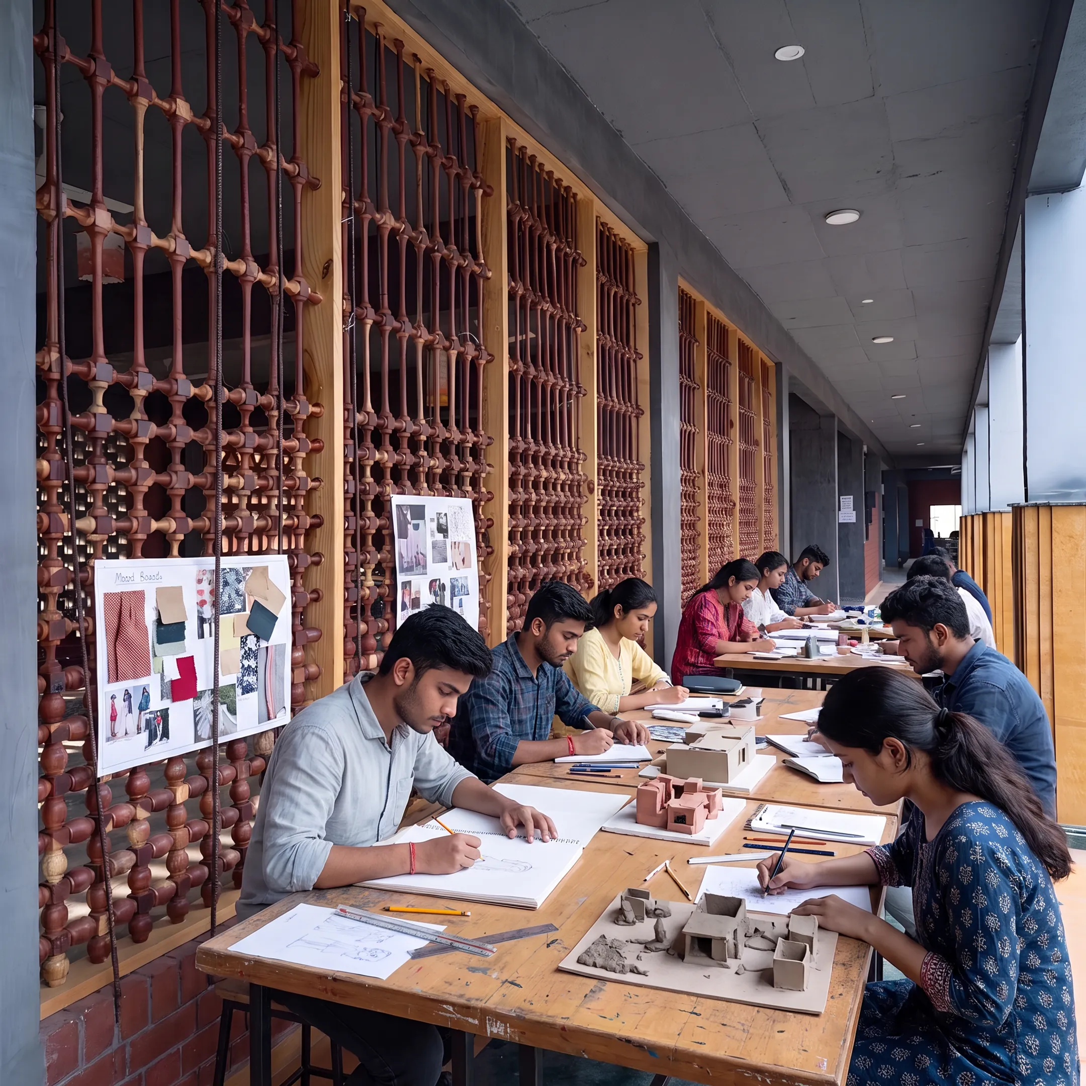 Students developing creative design projects in a Bachelor of Design studio