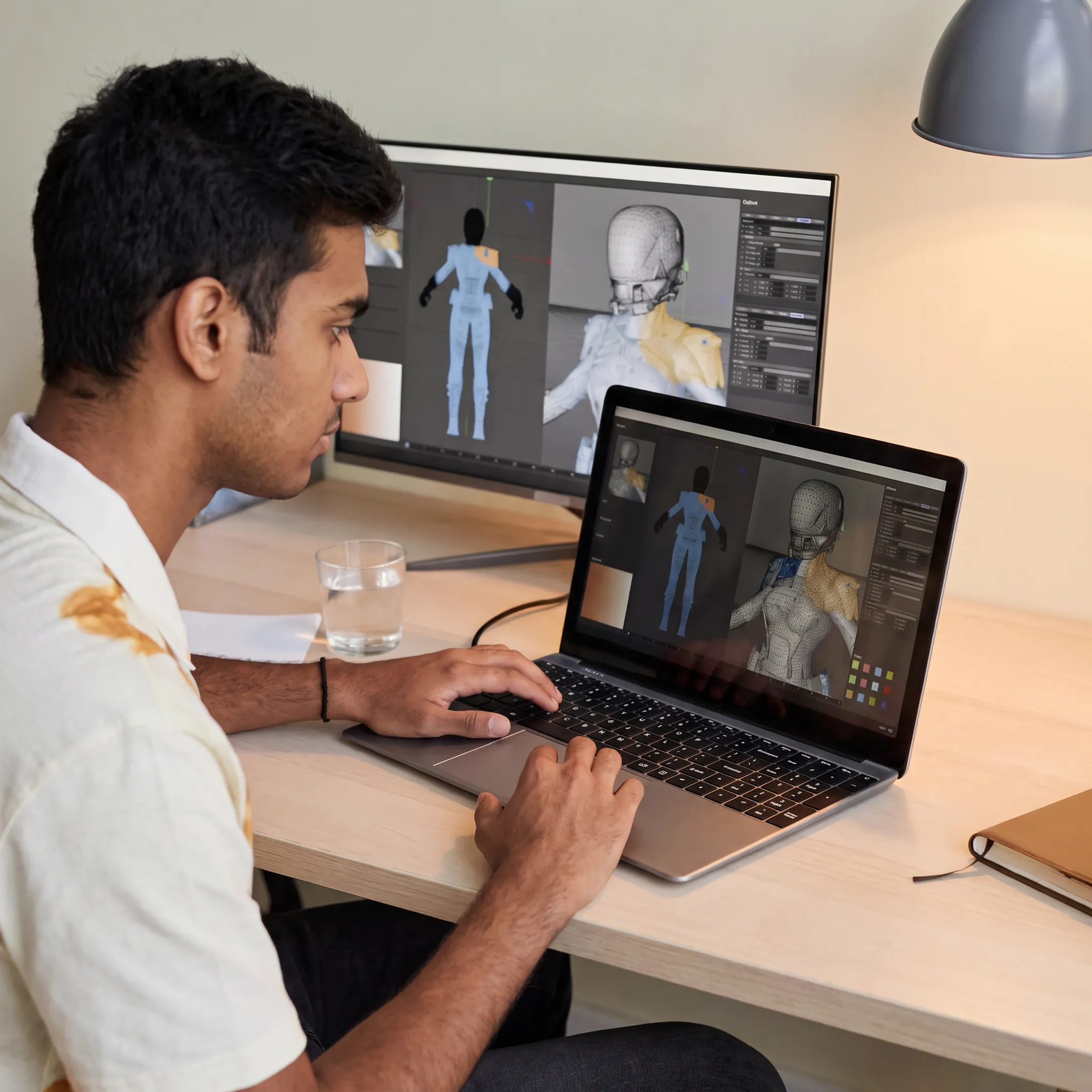 Animation student developing a 3D VFX scene on a computer