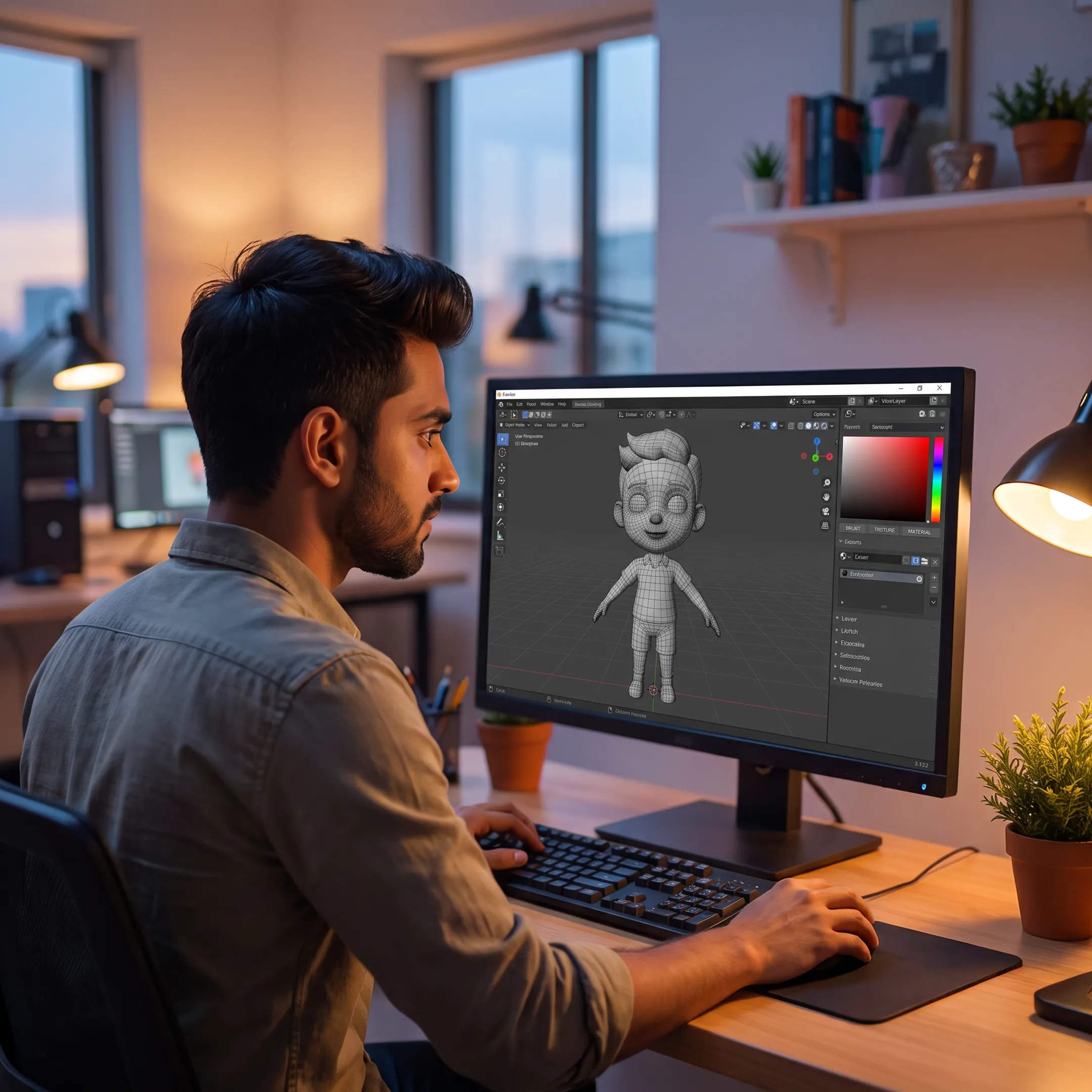 Animation student creating a 3D character project on a computer