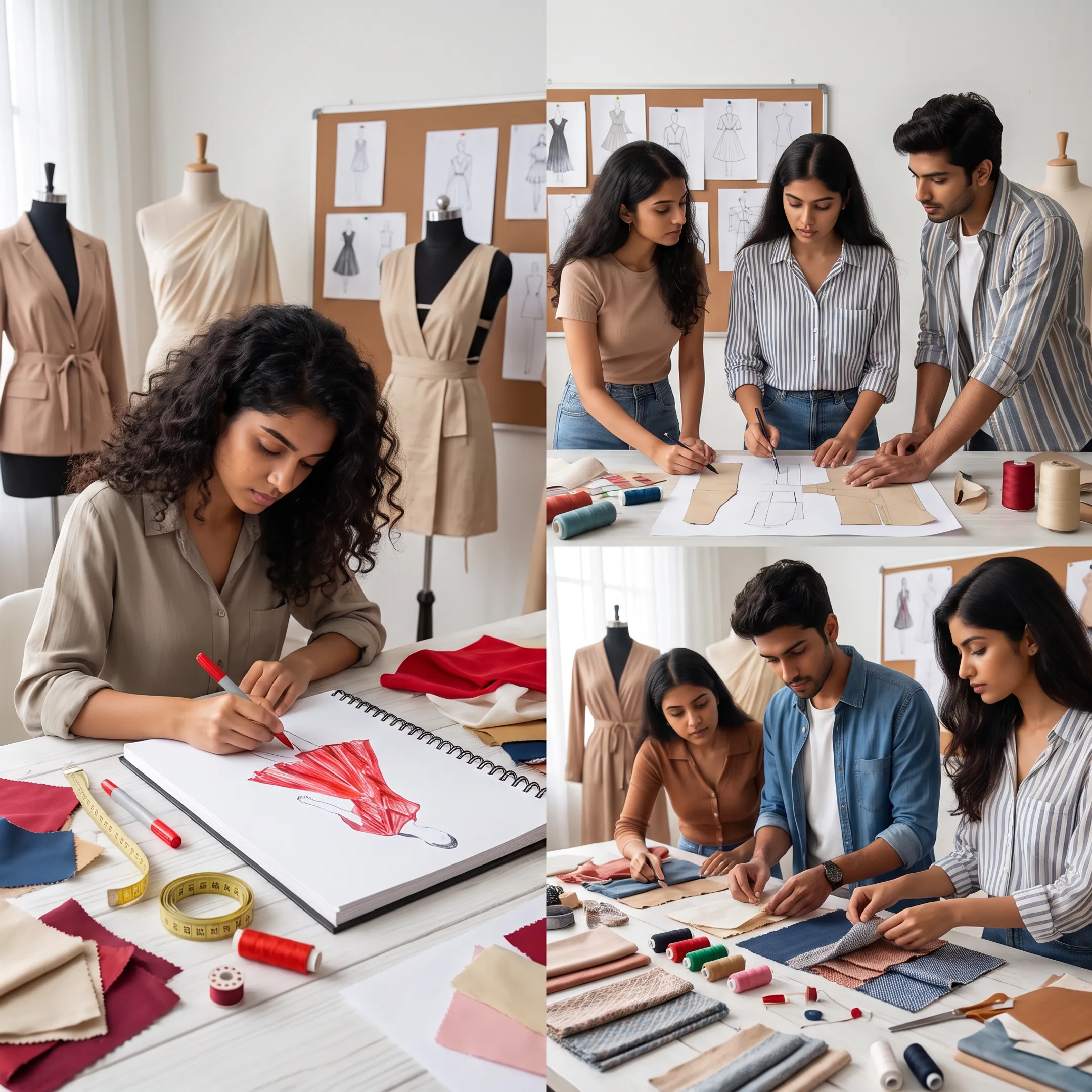 Fashion design students sketching garments and developing textile samples in a creative studio