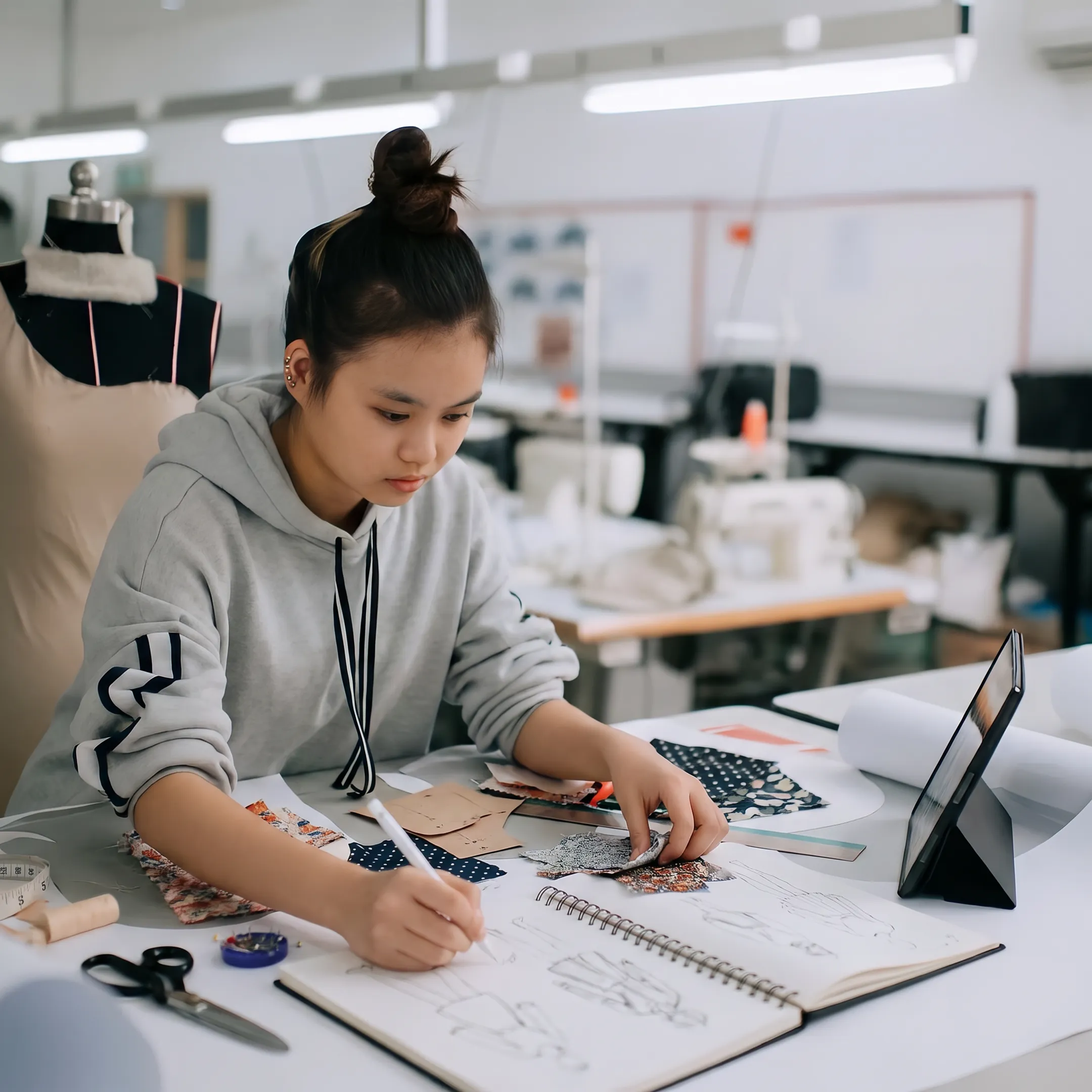 Fashion student creating a garment design with sketches, fabric swatches and sewing tools