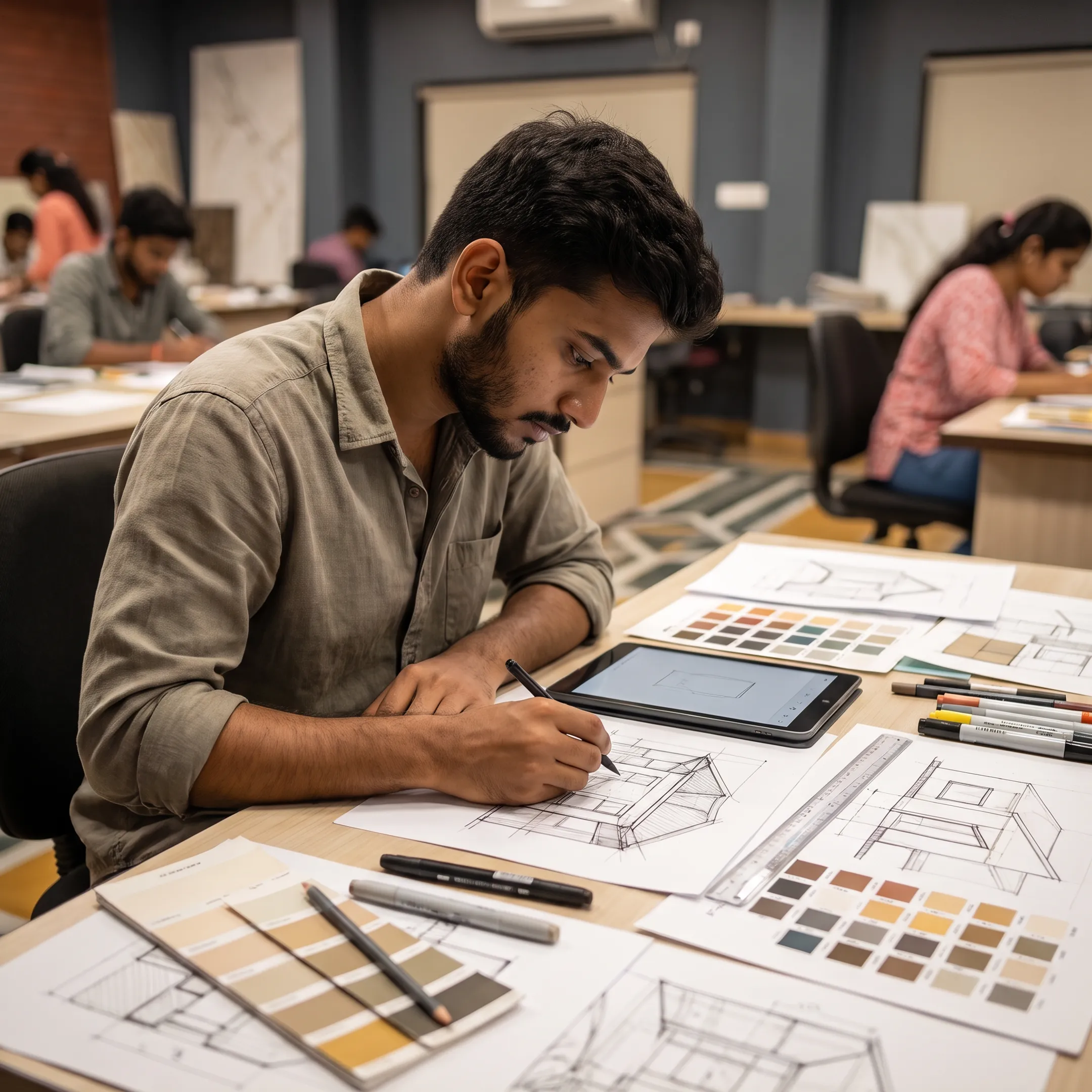 Design student developing a creative project in a studio