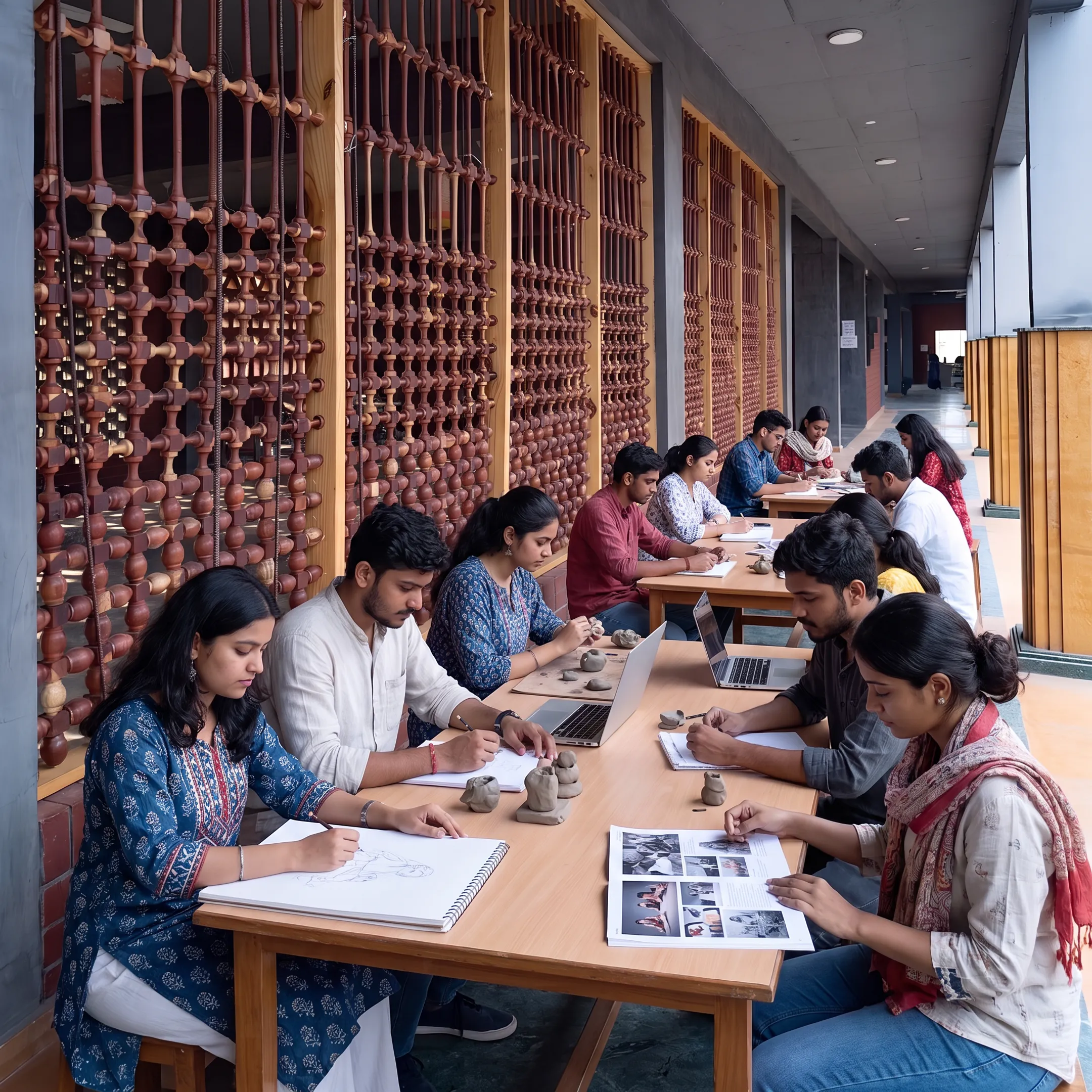 Design students collaborating in a creative college studio