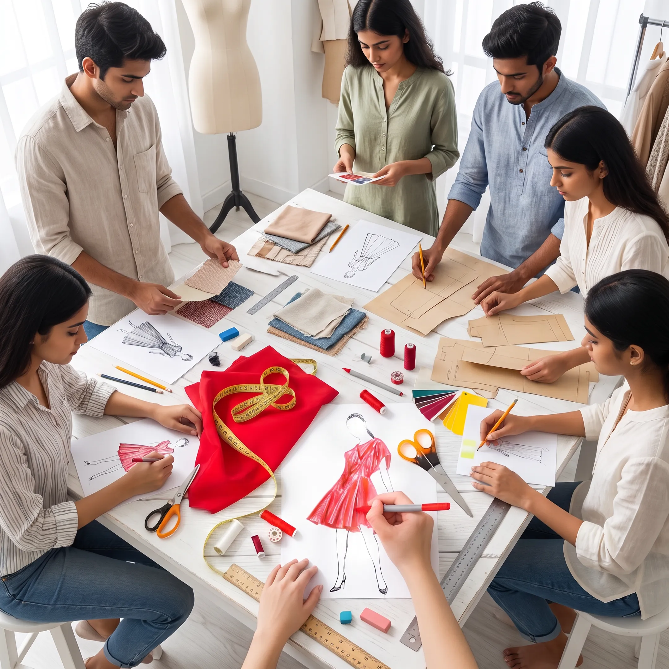 Fashion design students sketching garments and developing textile concepts in a studio