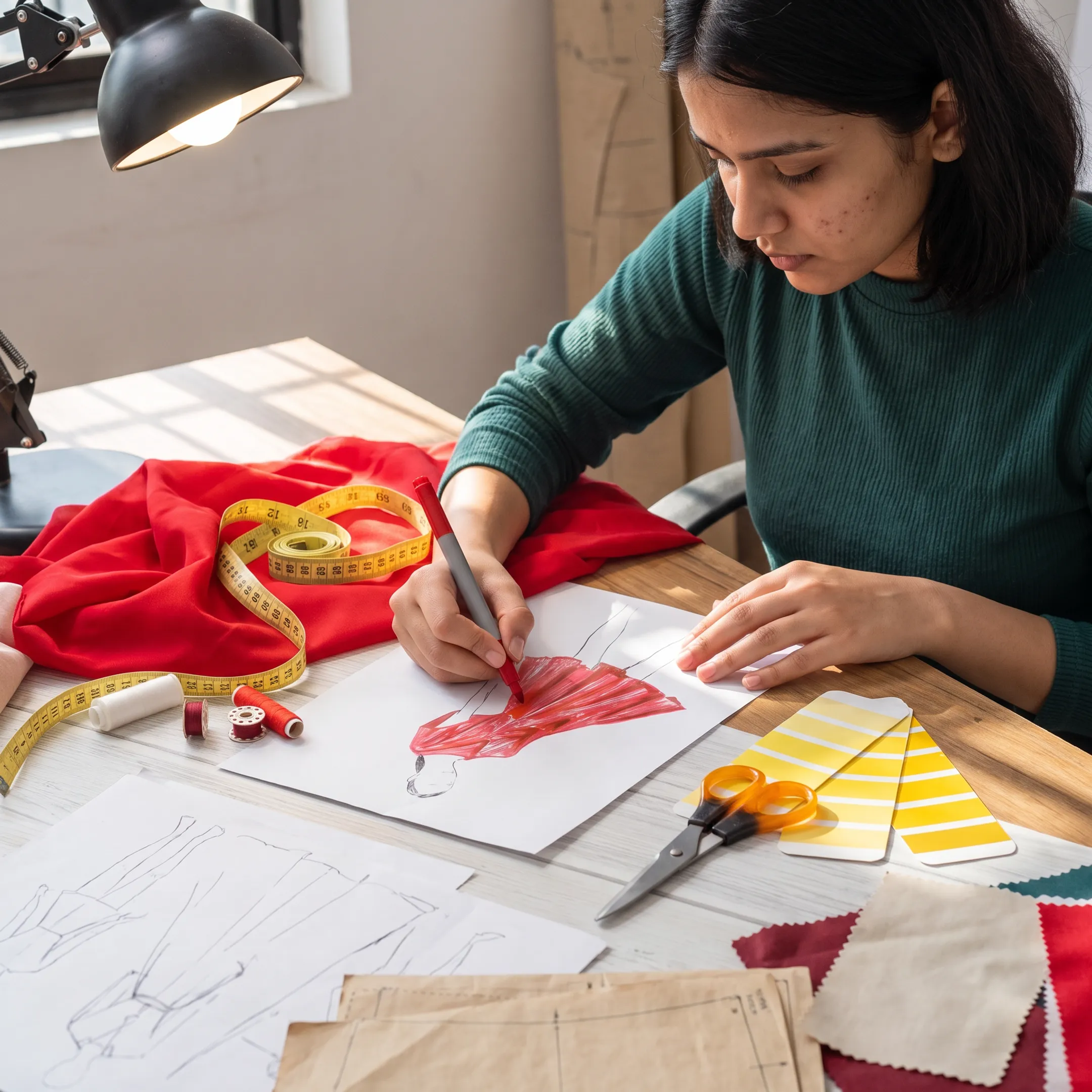 Fashion design student creating a garment pattern and reviewing fabric samples