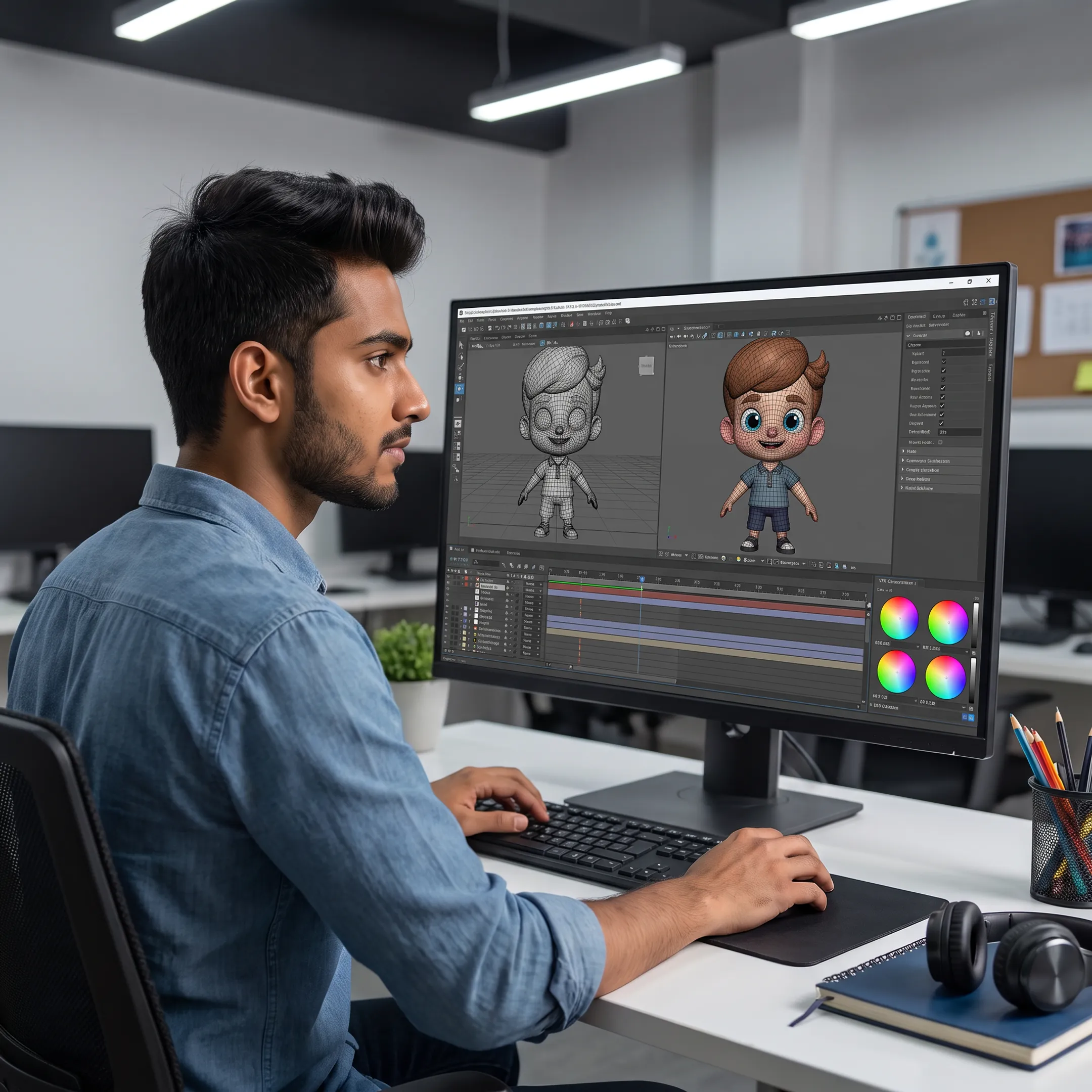 Students creating 3D animation and VFX projects in a college studio