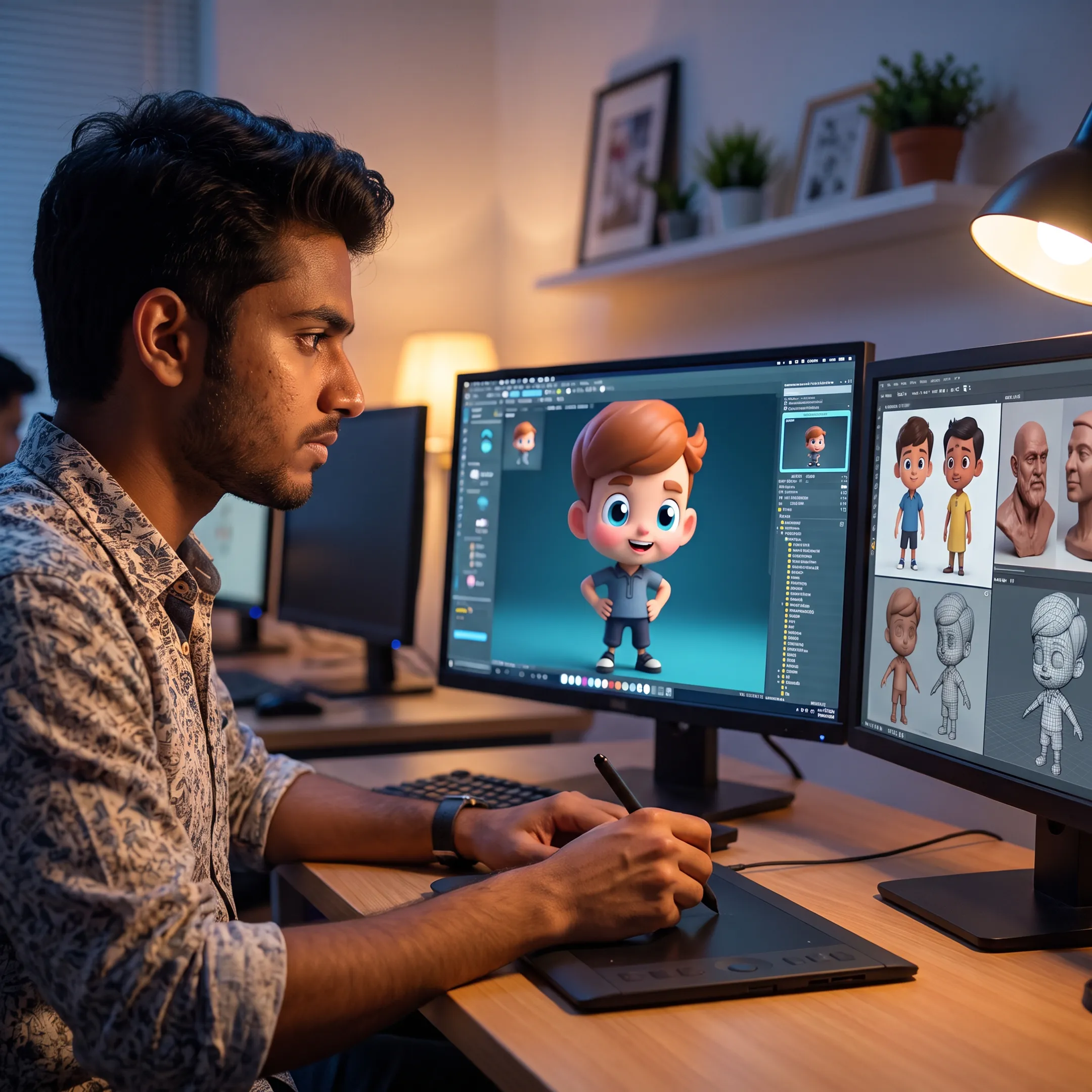 Animation student modelling a 3D character on a computer