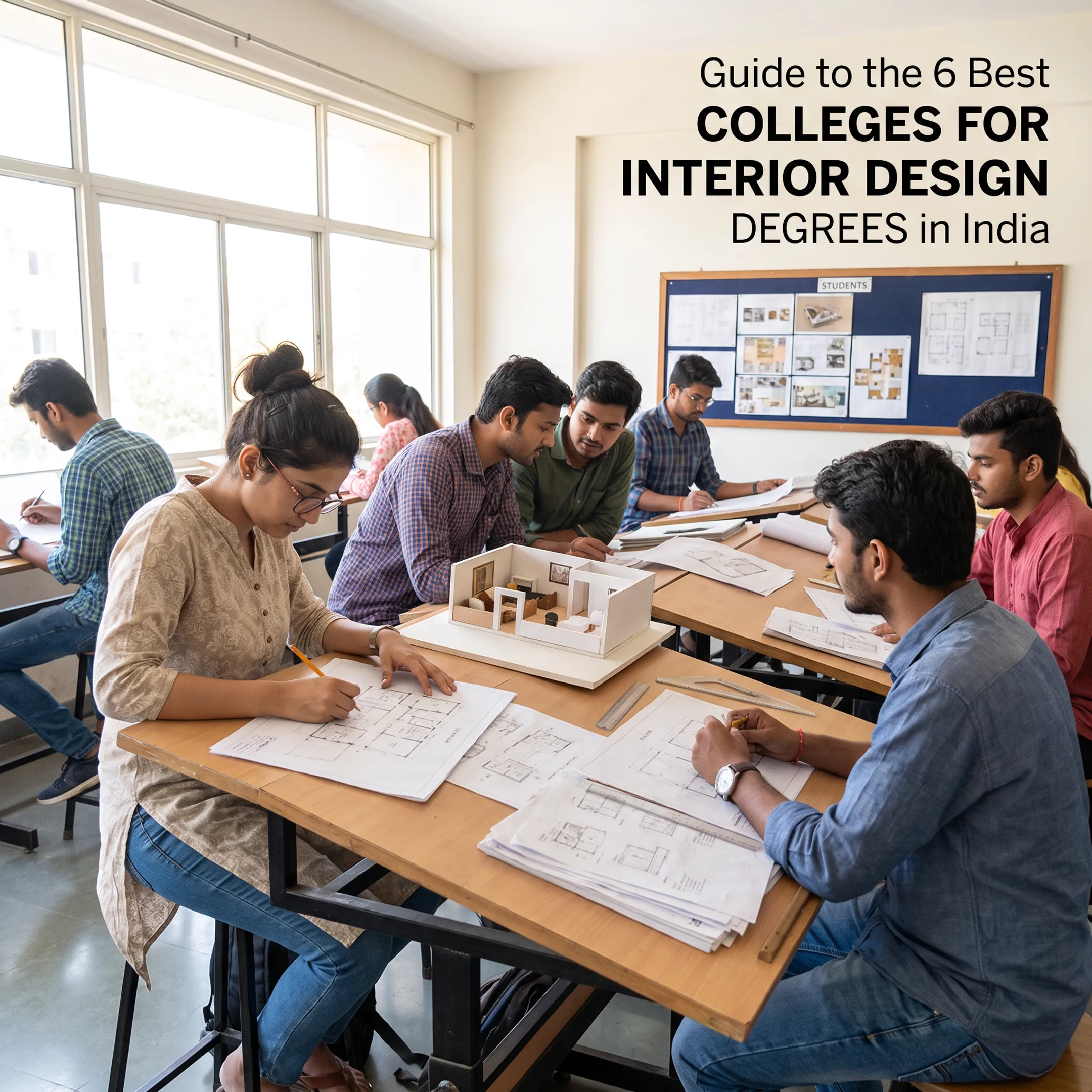 Interior design students developing plans and 3D models in a college studio