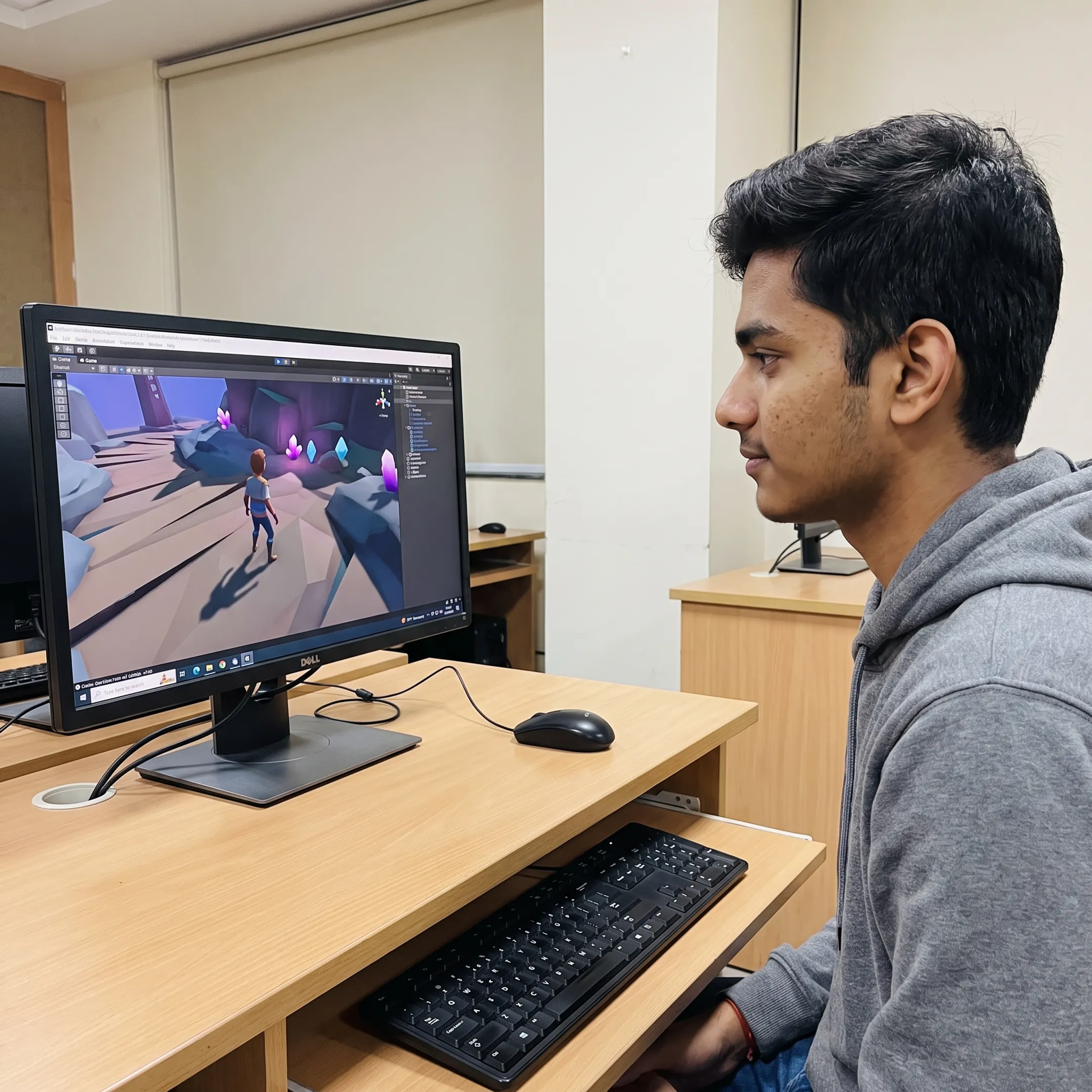 Game development student testing a playable Unity 3D level with characters and lighting