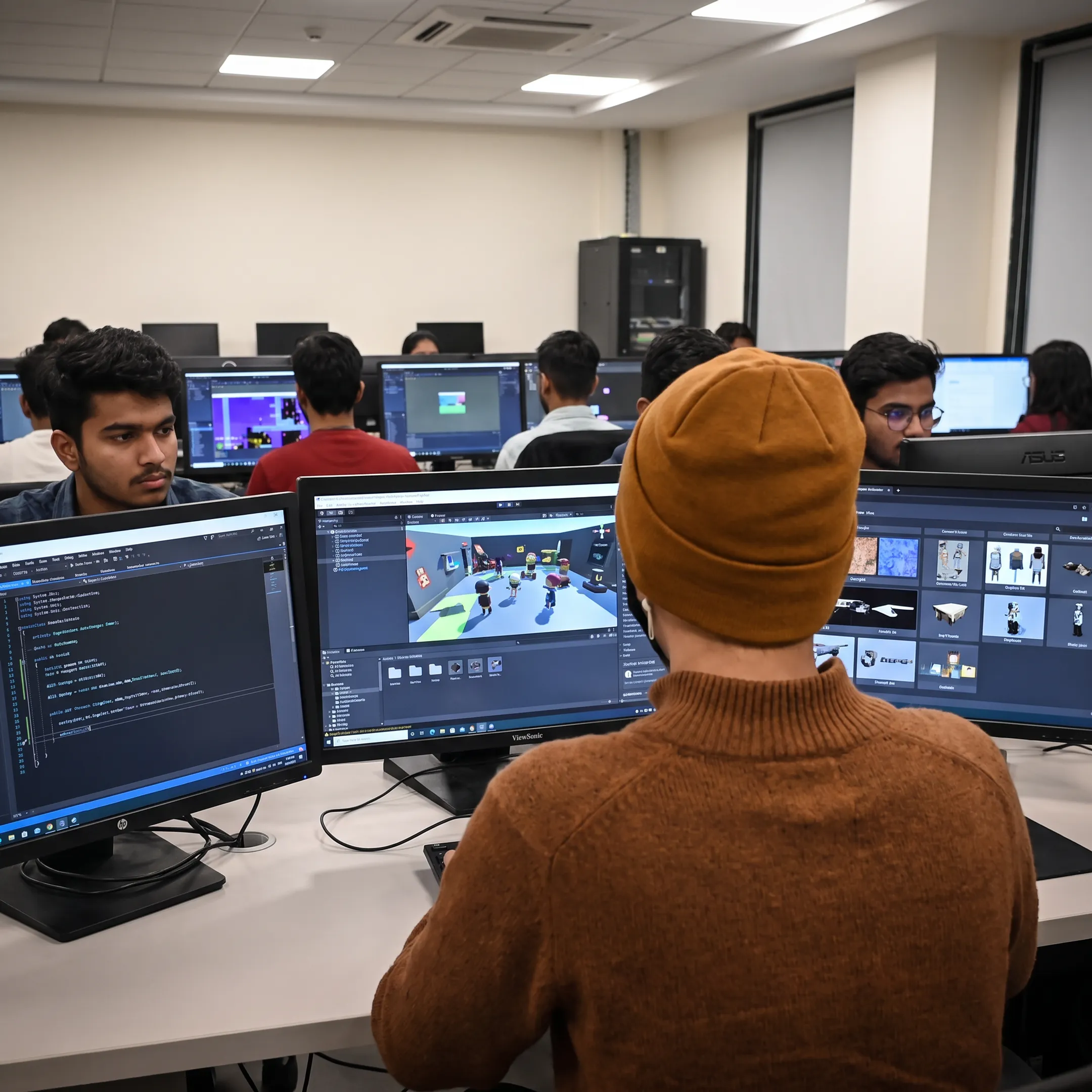 Students developing a 3D game in Unity with code, assets, and gameplay visible on classroom computers