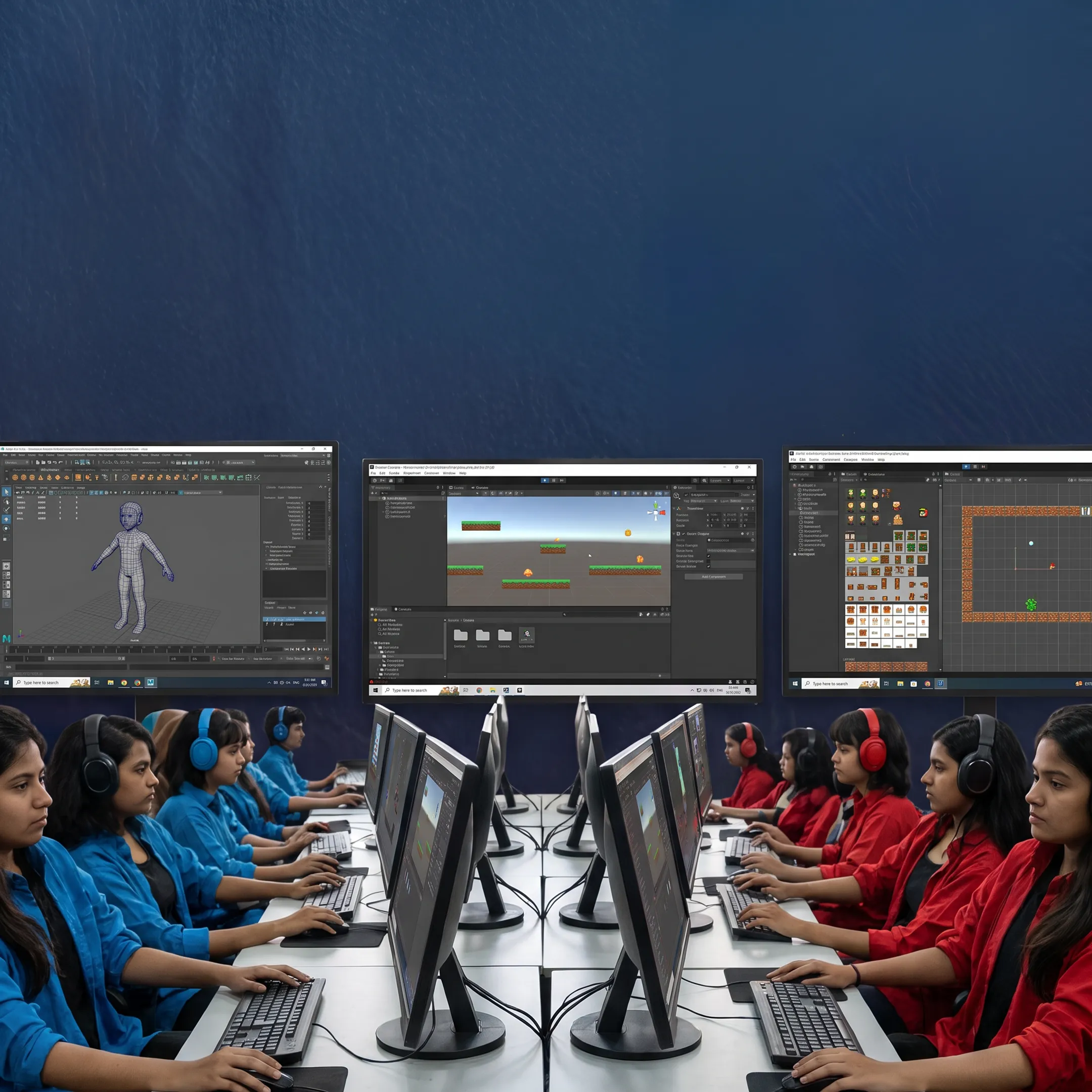 Students developing a game in a digital design studio