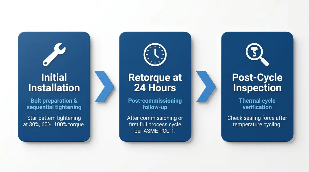 Three-step PTFE gasket cold flow management retorquing process infographic