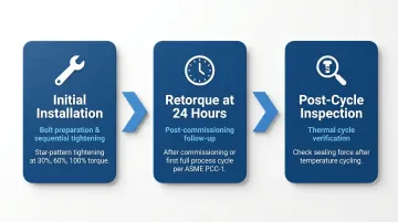 Three-step PTFE gasket cold flow management retorquing process infographic