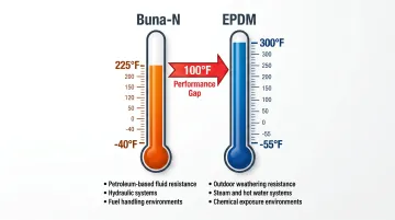 Buna-N versus EPDM temperature range and application comparison chart
