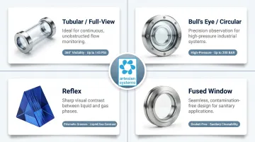 Four types of industrial sight glasses with design features and pressure ratings
