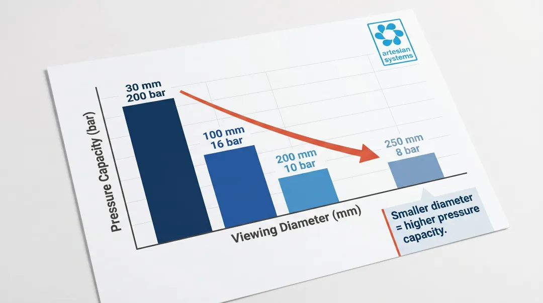 Sight glass diameter versus pressure rating inverse relationship data table infographic