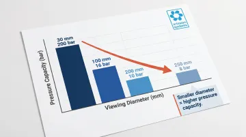 Sight glass diameter versus pressure rating inverse relationship data table infographic