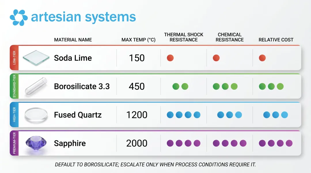 Four sight glass materials compared by temperature thermal shock chemical resistance and cost