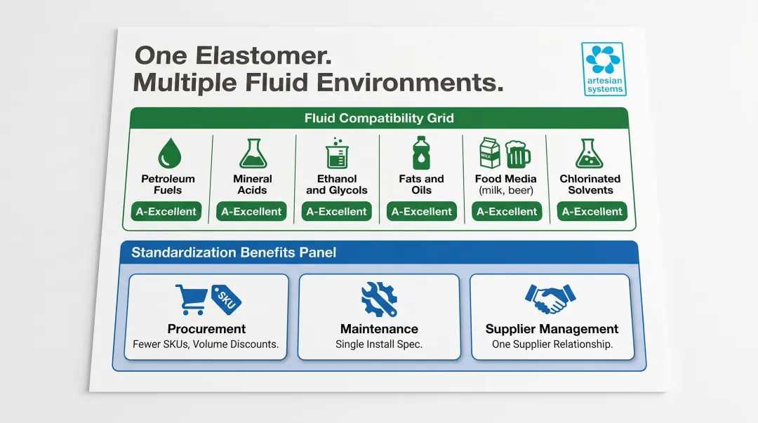 FKM broad fluid compatibility spanning fuels acids food media enabling facility-wide standardization benefits