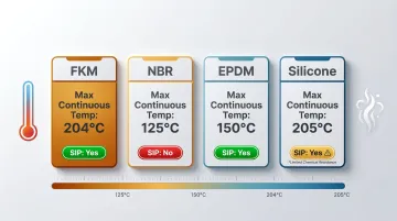 FKM NBR EPDM silicone maximum temperature rating and SIP suitability comparison table