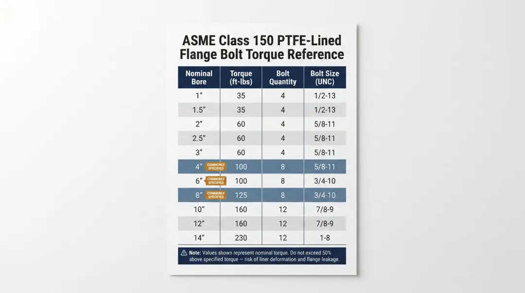 ASME Class 150 PTFE envelope gasket torque reference table by nominal bore size