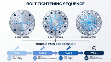 PTFE gasket cross-pattern bolt tightening sequence and multi-stage torque progression steps