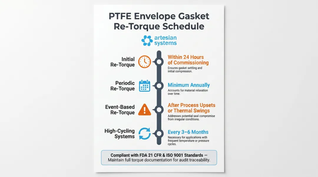 PTFE envelope gasket re-torquing maintenance schedule timeline with event-based intervals