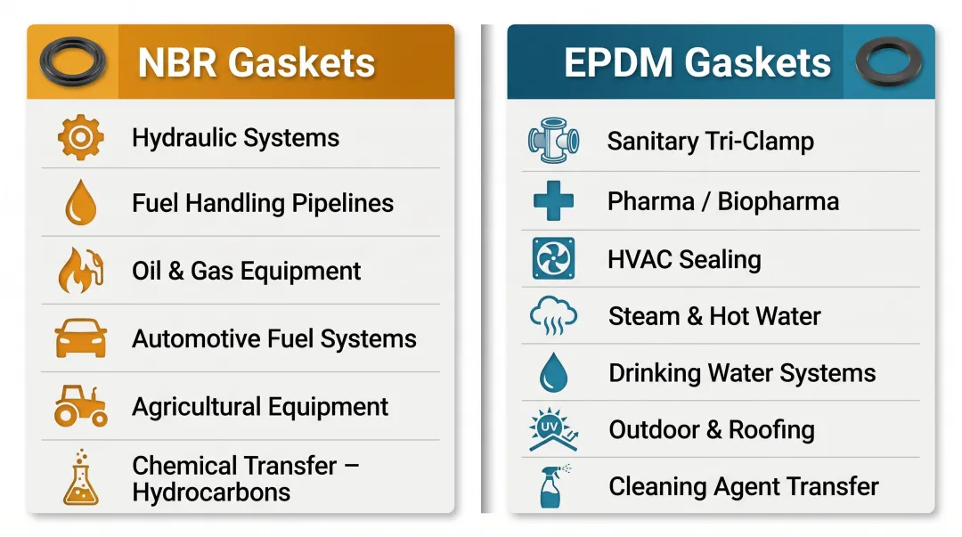 NBR versus EPDM gasket application selection guide by industry infographic