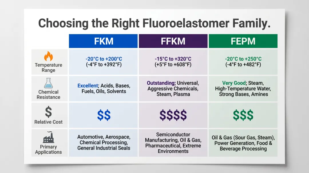 FKM versus FFKM versus FEPM fluoroelastomer family comparison chart