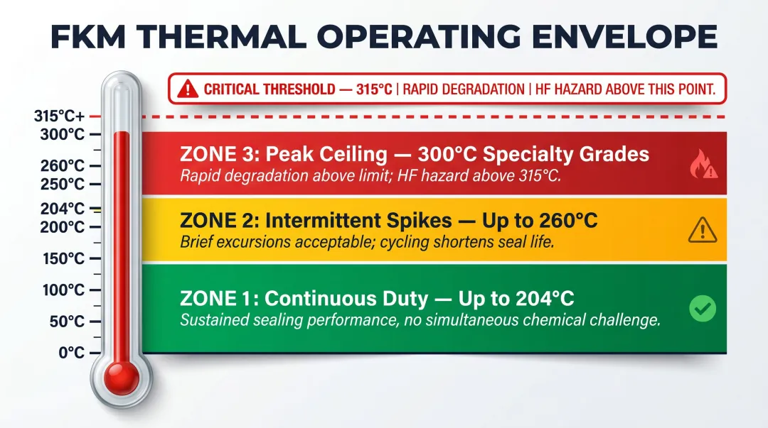 FKM thermal operating envelope continuous intermittent and peak temperature thresholds diagram