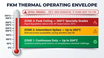 FKM thermal operating envelope continuous intermittent and peak temperature thresholds diagram