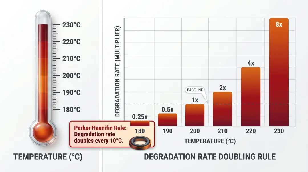 FKM compression set degradation rate doubling every 10 degrees Celsius temperature increase