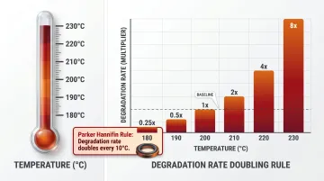 FKM compression set degradation rate doubling every 10 degrees Celsius temperature increase
