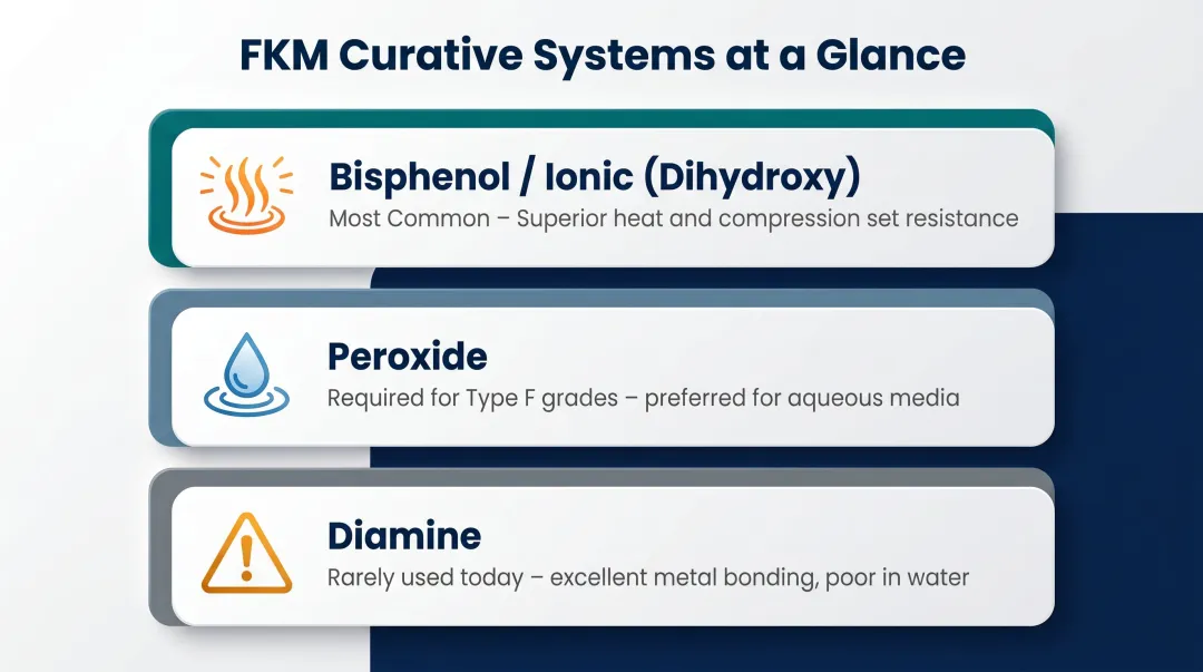 Three FKM curative systems bisphenol peroxide and diamine properties comparison