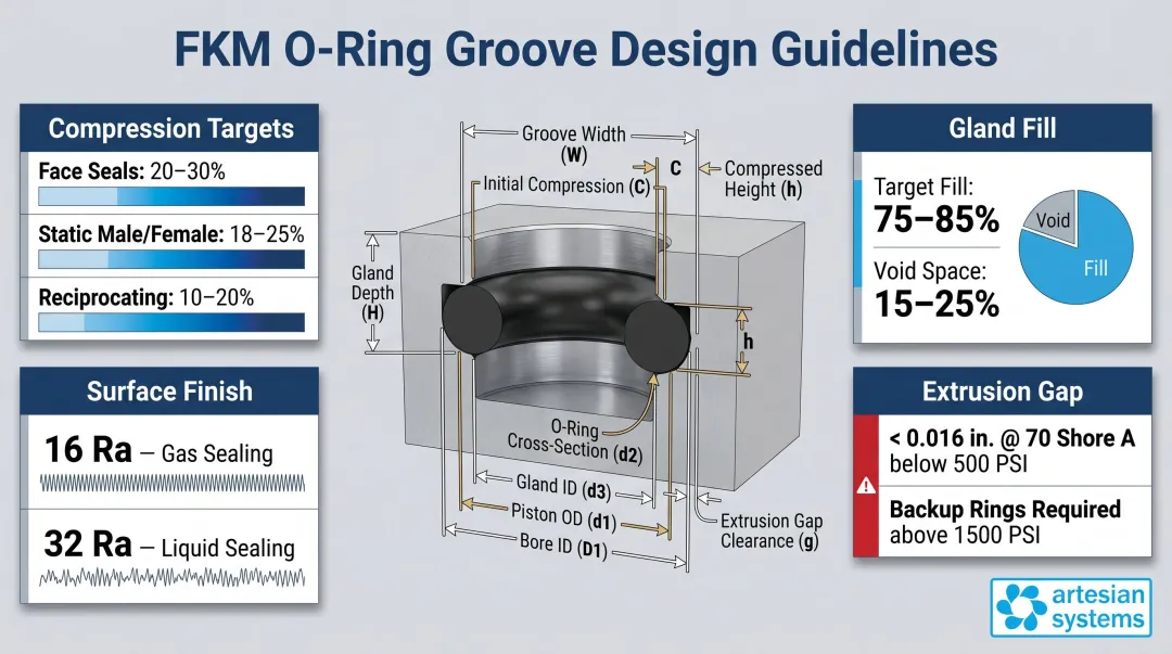 FKM O-ring groove design specifications compression percentage extrusion gap and surface finish guidelines
