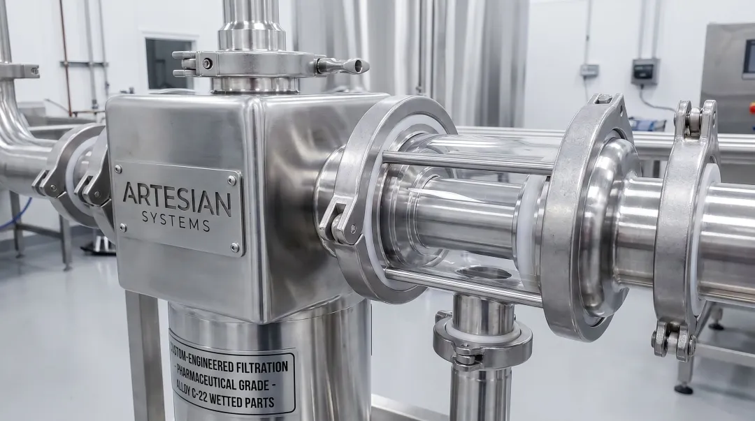 Artesian Systems custom inline filtration assembly with specialty alloy sanitary components