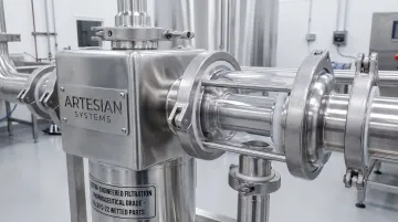 Artesian Systems custom inline filtration assembly with specialty alloy sanitary components