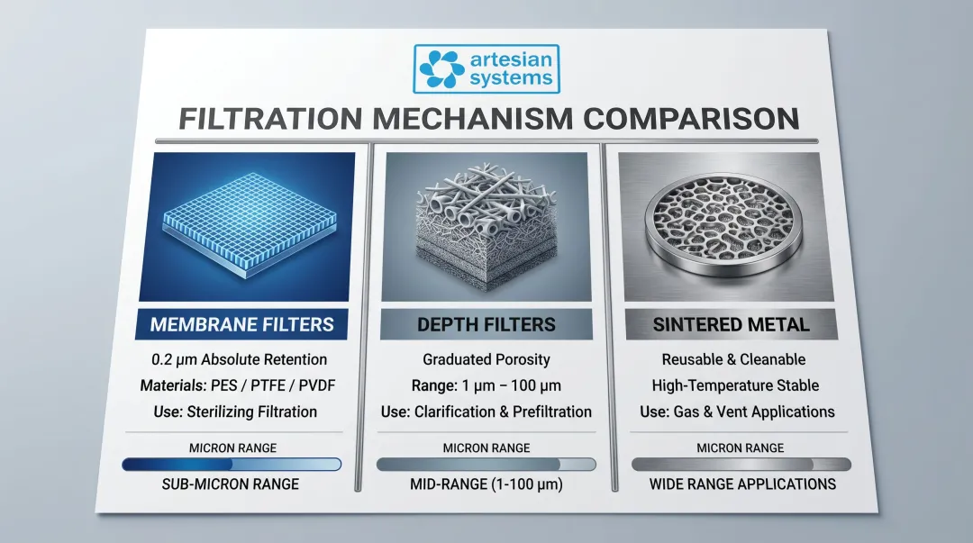 Three pharmaceutical filtration mechanisms membrane depth and sintered metal comparison infographic