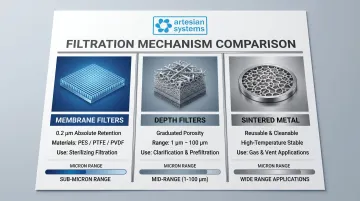 Three pharmaceutical filtration mechanisms membrane depth and sintered metal comparison infographic